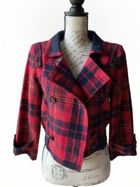 L.A.M.B. Gwen Stefani 2007 Red and Navy Plaid Wool Blend Jacket